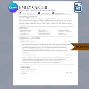 Puede incluir: Una plantilla de currículum profesional para un redactor de contenido SEO llamado Emily Carter. El documento incluye secciones para un resumen profesional, habilidades principales, experiencia laboral en BrightPath Digital y CreativeEdge Media, y educación.