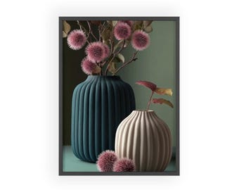 Banksia Kozalağı Art Print, Teal ve Zeytin Yeşili Vazolar, Çerçeveli Tablo