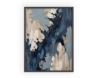 Arte mural abstracto contemporáneo con salpicaduras de pintura en azul marino y beige.