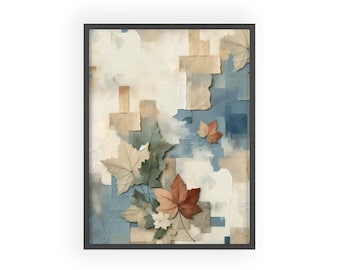 Cuadro de pared con mosaico de hojas azules y beige enmarcado en madera