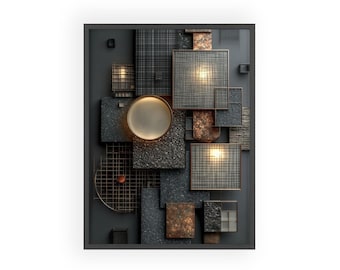 Layered 3D Geometric Wall Art Posters with Wooden Frame, Industrial Anthracite Stone Panels with Integrated LED Lighting