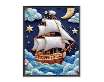 Embroidery Style Sailing Ship Wall Art