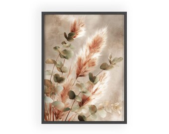 Cuadro minimalista de hierba de la Pampa y eucalipto.