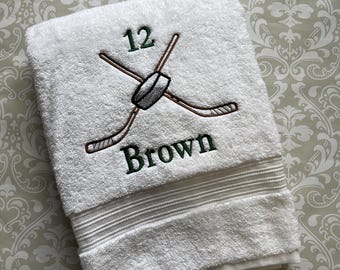 Personalized Hockey Bath Towel: Embroidered Name and Number