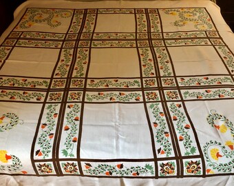 Vintage Printed Linen Tablecloth Mid Century Country Cottage Decor Motifs 60 by 64 inches Bright Clean Condition with Dye Skips as noted