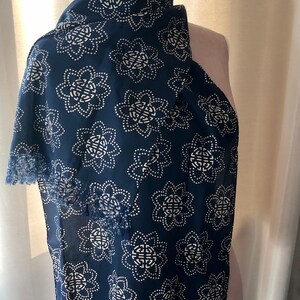 Vintage Fringed Silk Scarf: Blue Abstract Design, 18x53 in