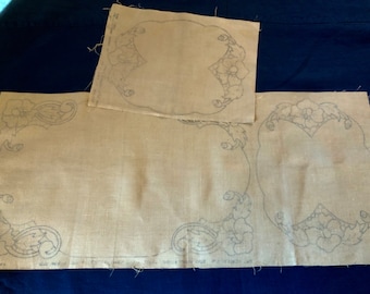 Vintage Linen to Embroider Three Piece Buffet Set, One Runner Two Matching Mats Clearly Stamped For Embroidery 100% Linen Clean Excellent