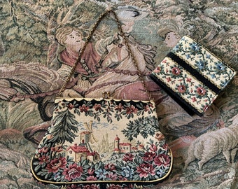 Vintage Tapestry Purse Village Scene Chain Handle Satin Lining with Pocket Contains a Coordinating Tapestry Wallet A Sweet Little Accessory