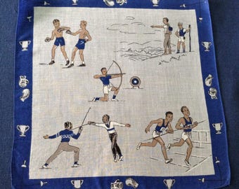 Vintage Sports Handkerchief Boxing Archery Track Fencing Hiking Blue & White Printed Cotton Trophies Boxing Gloves Fencing Foils Hankie