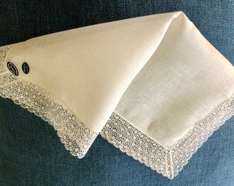 French Lace Handkerchief Fine White Irish Linen Center Edged with French Lace unused w Label Heirloom Keepsake Something Old for the Bride