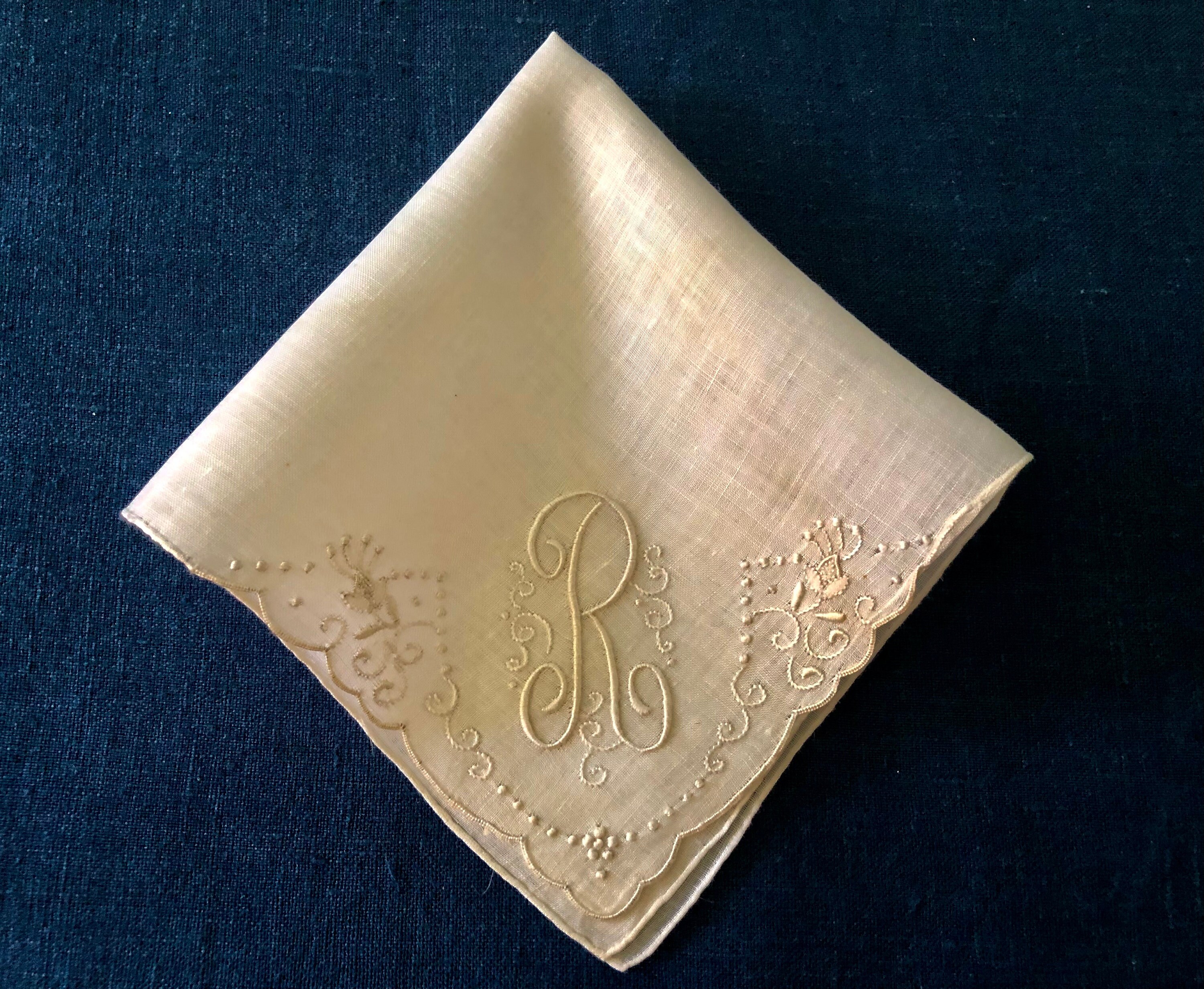 Bridal Handkerchief Madeira R Initial White Linen Vintage Handkerchief Exquisite Hand Embroidery Heirloom Wedding Accessory for the Bride *m