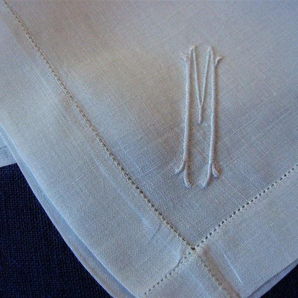 Mens M Monogram Handkerchief Embroidered M Initial on Antique White Linen Hemstitched Edges Heirloom Wedding Accessory for the Groom