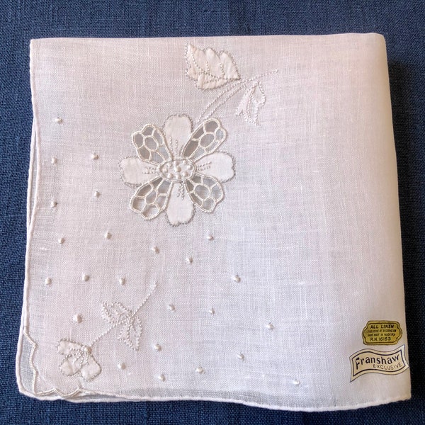 Franshaw Embroidered Handkerchief White Linen Unused with Franshaw  and Madeira Linen Label Vintage Embroidered Floral Hankie Accessory