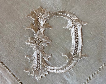 Victorian Silk D Initial Wedding Handkerchief Embroidered D Hemstitched Edge Cream Silk Heirloom Keepsake “Something Old” for the Bride