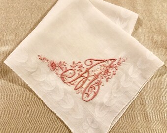 Vintage White Cotton Handkerchief: Pink Embroidered A Monogram, Wedding Keepsake