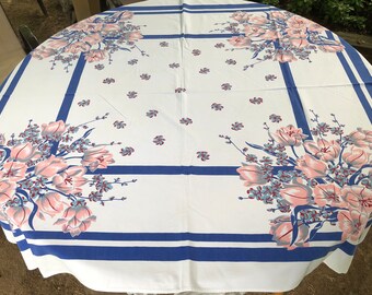 Vintage 1940’s Cottage Tablecloth Pink Tulips Blue Stripe 48 by 54 in. Bright Clean Charming Kitchen Decor Excellent Condition