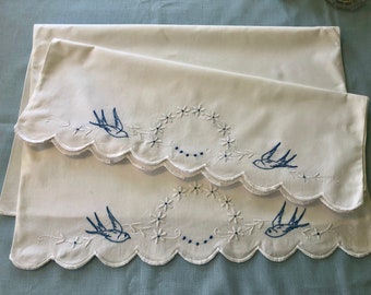 Vintage Bluebirds Pillowcases 2 Hand Embroidered White Cotton Measuring 23 1/2 by 32 1/2 in. Sweet Kid's Bedroom Decor Excellent Condition