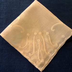 Vintage Linen Cocktail Handkerchief Hand Applique Unused with Label 14 1/2 by 15 inches Excellent Condition *m