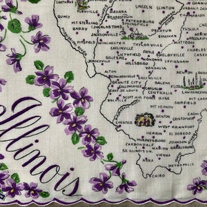 Franshaw Illinois Handkerchief Vintage Hankie Historic Scenic Map Locations 13 1/2 X 13 1/2 in. Souvenir Hanky Franshaw Label unused