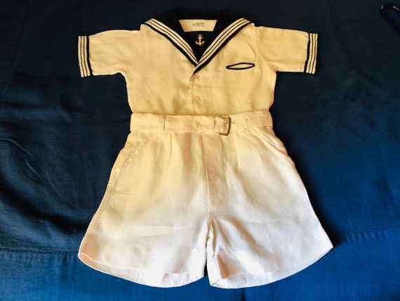 Vintage Boys Sailor Suit White Linen Navy Blue Col