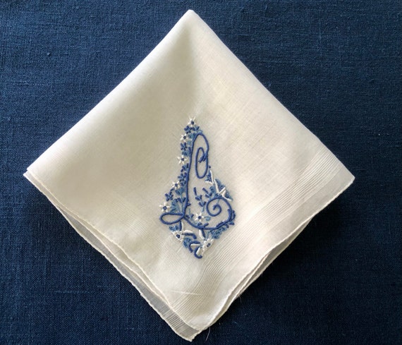 Handkerchief Madeira Blue L Initial White Linen V… - image 6