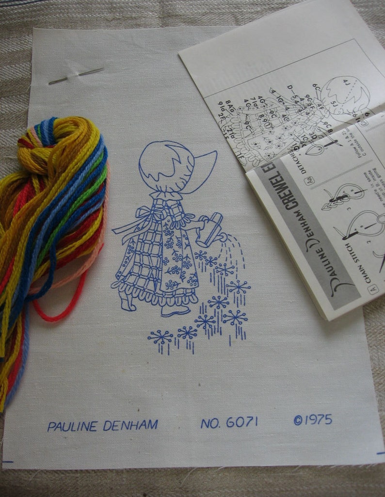 Sunbonnet Girl Embroidery Stamped Crewel Work Embroider Vintage C 1970s Needlework Project Kit Pillow Front or Framed Child/'s Bedroom Decor