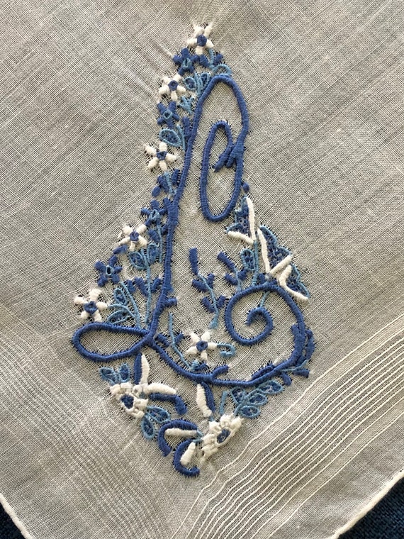 Handkerchief Madeira Blue L Initial White Linen V… - image 3