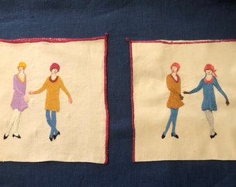 Vintage Pockets Hand Embroidered Ladies in 1930’s Cloche Hats and Fashions Cute as Can Be Wall Decor or Pockets