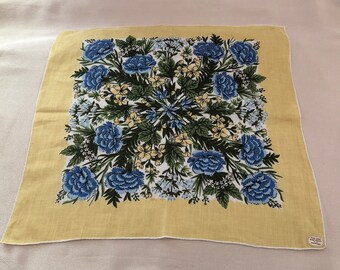 Vintage Linen Handkerchief Pure Linen Bright Floral Print Vintage Carol Stanley Label Hand Stitched Rolled Edge 15 1/2 X 15 1/2 In. Unused