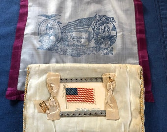 WW I Souvenir Handkerchief Case Silk Hankie 48 Star Flag Card in pocket Remember Me Verse exterior wear, Light soil for Military Sweetheart