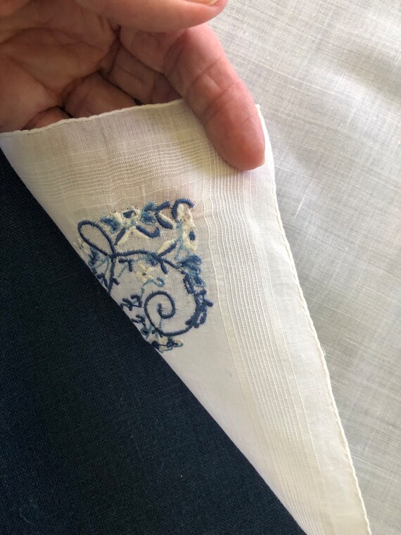 Handkerchief Madeira Blue L Initial White Linen V… - image 7