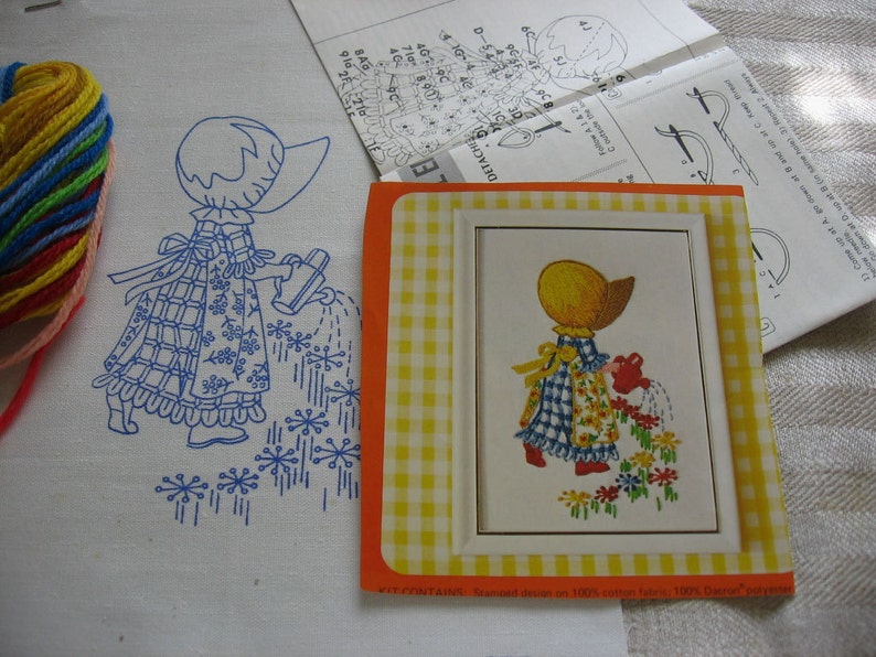 Sunbonnet Girl Embroidery Stamped Crewel Work Embroider Vintage C 1970s Needlework Project Kit Pillow Front or Framed Child/'s Bedroom Decor
