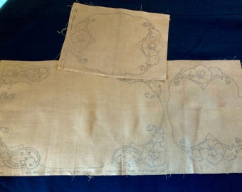Vintage Stamped to Embroider Linen 3 Piece Buffet Set in Italian Cutwork Clearly Stamped to Embroider