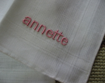 Embroidered Annette Handkerchief Hankie Embroidered in Pink thread on White Linen Vintage Accessory c1950's Unused with original Label