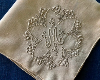 Exquisite Madeira M Initial White Vintage Handkerchief Quality Embroidery Wedding Accessory for the Bride Unused Madeira Portugal Label