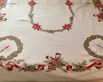 Vintage Christmas Tablecloth 52 x 65 in. Holly Wreaths, Candles, Pinecones Poinsettia Ribbons Bells Ornaments Bright Red & Metallic Gold