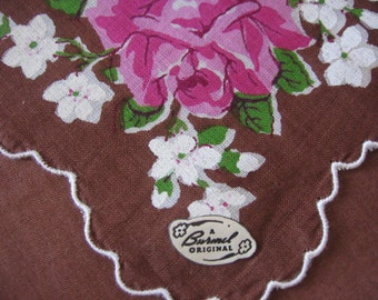 Burmel Label Handkerchief Cotton Print Pink Roses & White Violets on Chocolate Brown Background Purse Accessory Pristine Unused with Label