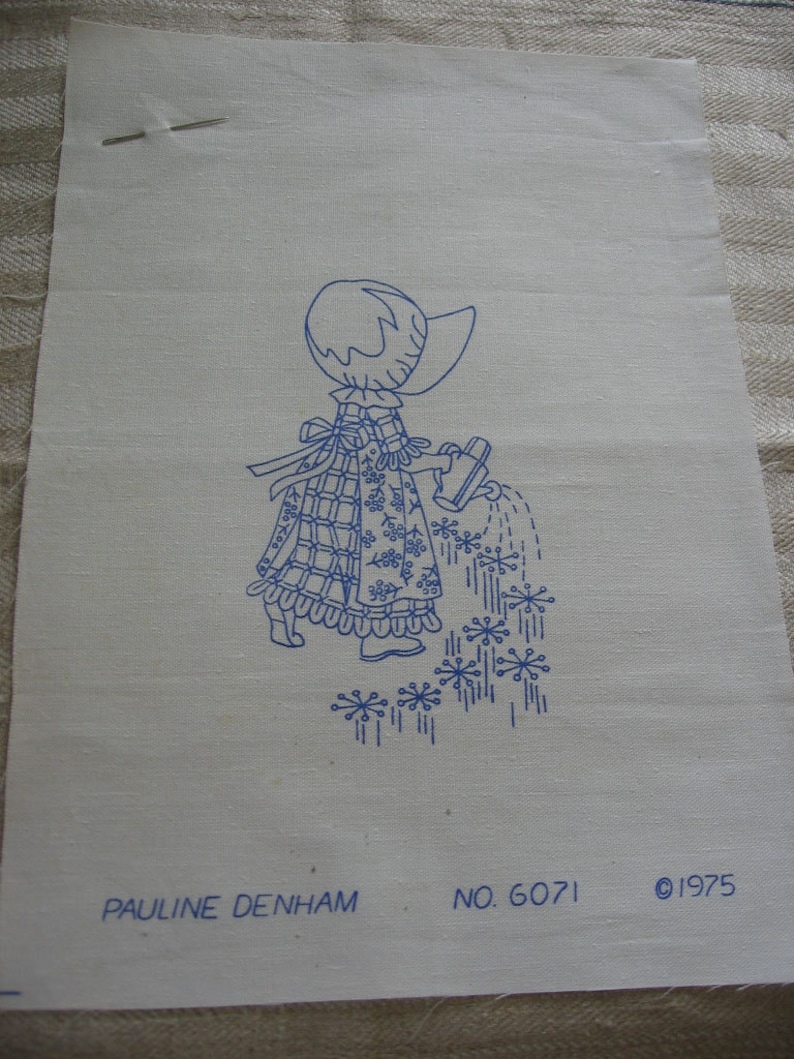 Sunbonnet Girl Embroidery Stamped Crewel Work Embroider Vintage C 1970s Needlework Project Kit Pillow Front or Framed Child/'s Bedroom Decor