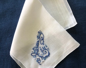 Handkerchief Madeira Blue L Initial White Linen Vintage Handkerchief Exquisite Hand Embroidery Heirloom Wedding Accessory for the Bride