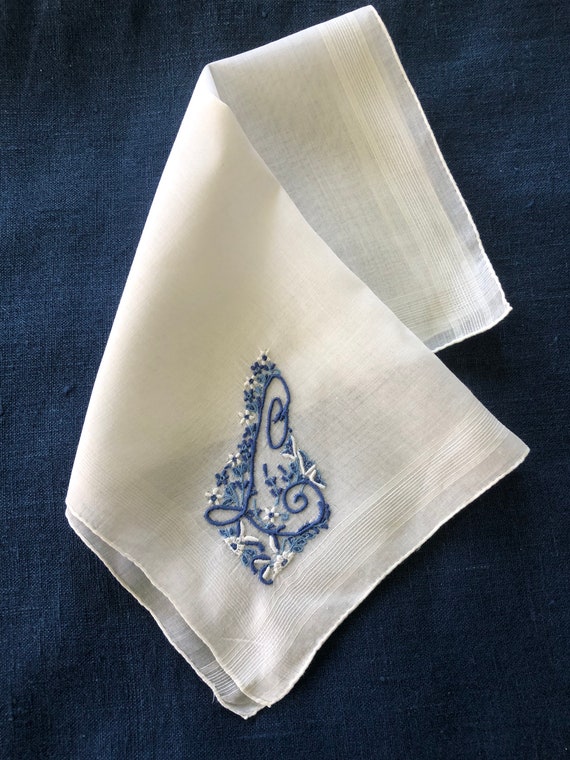 Handkerchief Madeira Blue L Initial White Linen V… - image 1