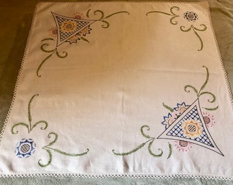 Hand Embroidered Tea Tablecloth on Linen Hand Crocheted Edge Measures 32 by 33 inches Pretty Cottage Kitchen Decor Very Nice Condition