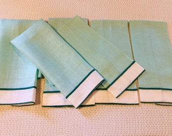 Vintage Set of Six Matching Light Green and White Linen Guest Towels Guest Bath or Powder Room Accessories Unused Excellent Condition