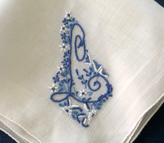 Handkerchief Madeira Blue L Initial White Linen V… - image 4
