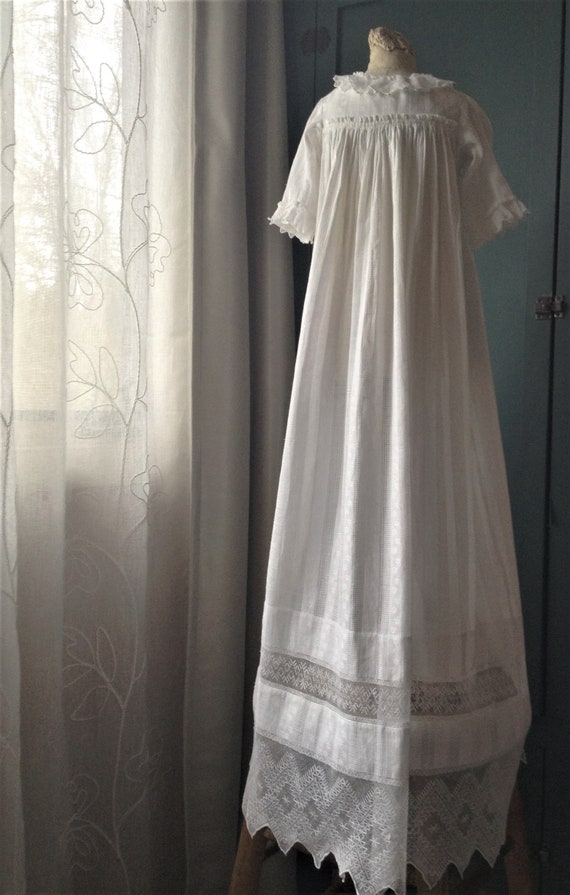 Edwardian Christening Dress White Cotton Gown w De