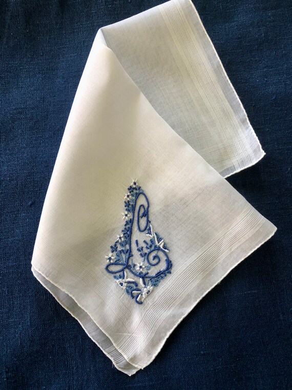 Handkerchief Madeira Blue L Initial White Linen V… - image 5