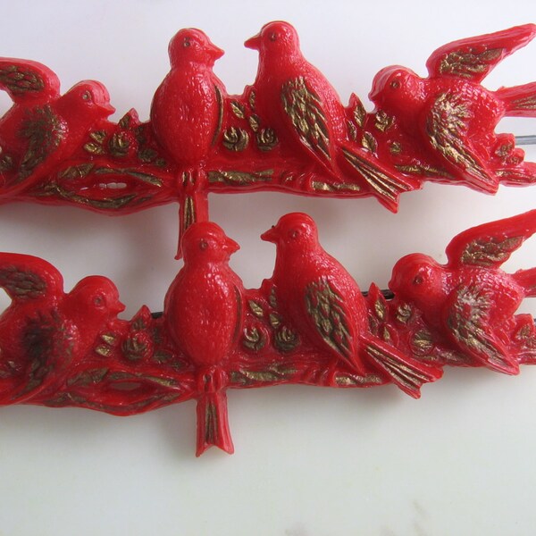 Vintage Barrettes Little Birds on a Branch Red Plastic 1950's Hair Accessory