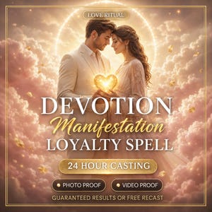 Peut inclure: Un graphique numérique montrant un couple en vêtements clairs tenant un cœur doré brillant. Le texte indique : LOVE RITUAL, DEVOTION Manifestation LOYALTY SPELL, 24 HOUR CASTING, PHOTO PROOF, VIDEO PROOF, et GUARANTEED RESULTS OR FREE RECAST.