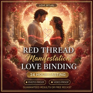 Pode incluir: Um gráfico digital com um casal de mãos dadas entre rosas vermelhas e nuvens, com um coração brilhante e um fio vermelho. Texto: LOVE RITUAL, RED THREAD Manifestation LOVE BINDING, 24 HOUR CASTING, PHOTO PROOF, VIDEO PROOF, GUARANTEED RESULTS OR FREE RECAST.