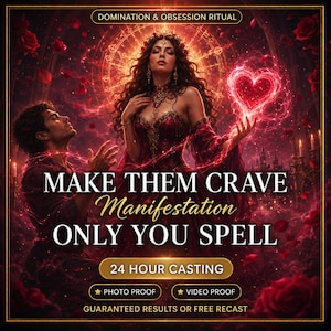 Puede incluir: Una ilustración digital que muestra a una mujer con un vestido rojo sosteniendo un corazón brillante, con un hombre arrodillado ante ella. El texto dice: DOMINATION & OBSESSION RITUAL, MAKE THEM CRAVE Manifestation ONLY YOU SPELL, 24 HOUR CASTING, PHOTO PROOF, VIDEO PROOF, GUARANTEED RESULTS OR FREE RECAST.