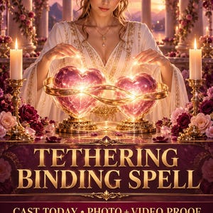Può includere: Una persona con una veste bianca e finiture dorate esegue un rituale con due oggetti rosa luminosi a forma di cuore collegati da un anello dorato. Testo: TETHERING BINDING SPELL, CAST TODAY • PHOTO + VIDEO PROOF, ONLY WHITE MAGIC • SAFE & SACRED • NO KARMIC RISK.